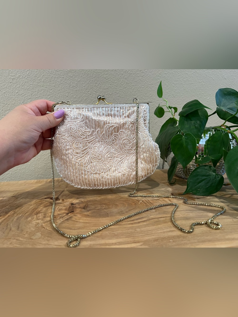 Vintage Beaded Cream Colored Evening Clutch with Gold Chain Strap